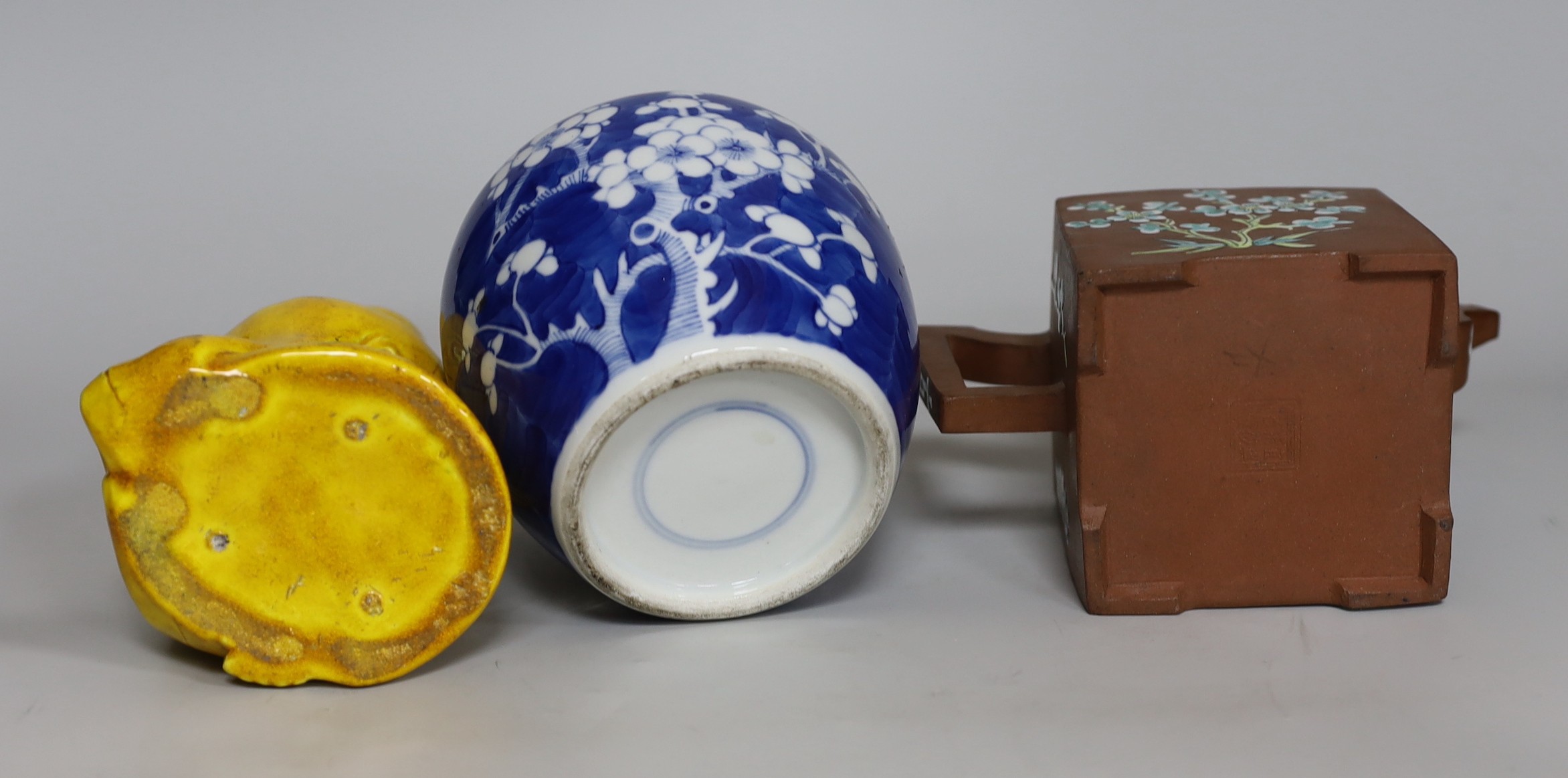 A Chinese prunus ginger jar, an enamelled Yixing teapot and a Japanese monochrome figure of Fukurokuji, tallest 18cm